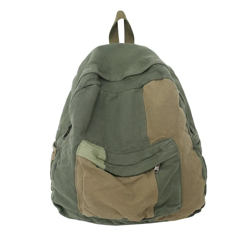 A olive green canvas fashion backpack with brown accents, shown from the back.