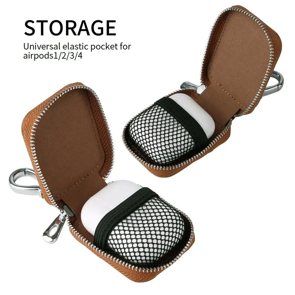 Brown elastic pocket storage case for AirPods 1/2/3/4 with a mesh protective insert