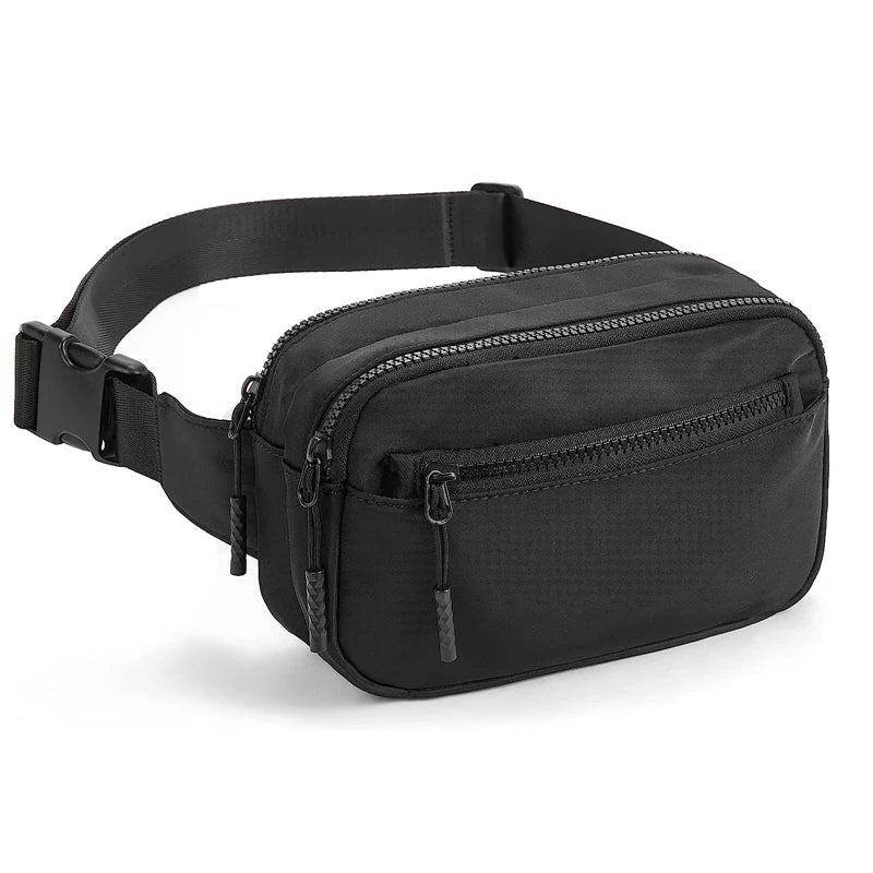 Black multi-functional crossbody storage bag with zippered pockets and a strap.