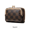 A dark brown checkered leather accordion card holder wallet with gold hardware.
