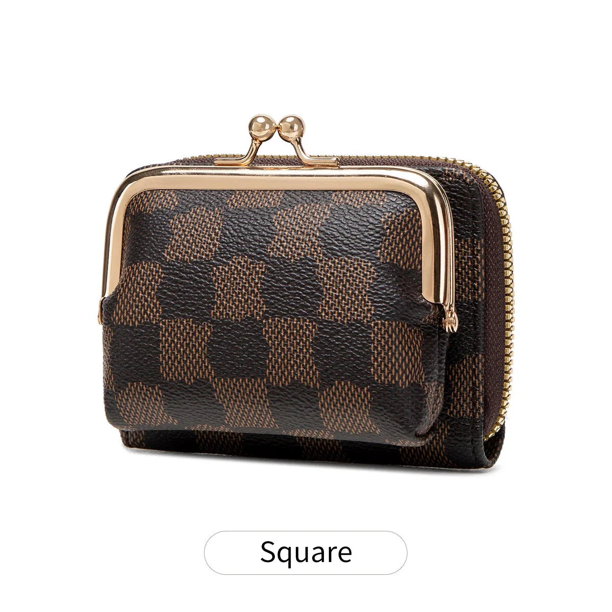A dark brown checkered leather accordion card holder wallet with gold hardware.