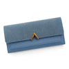 A blue suede tri-fold PU card holder wallet with a gold accent.