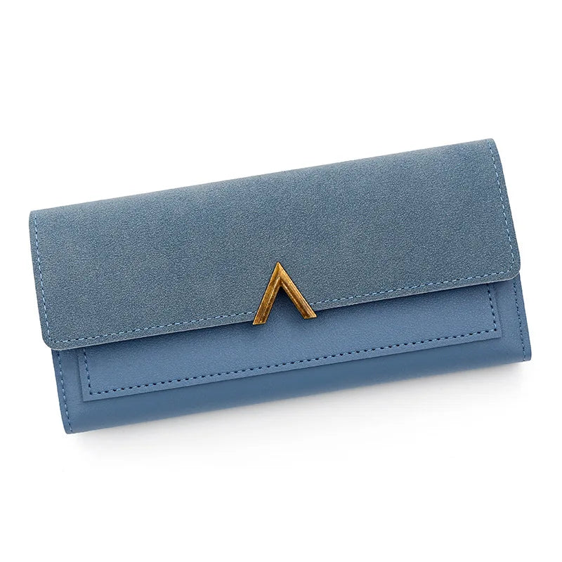 A blue suede tri-fold PU card holder wallet with a gold accent.
