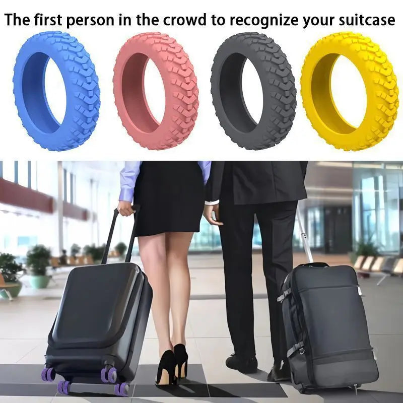 A set of silicone luggage wheels shown in various colors, with a person pulling a black suitcase.