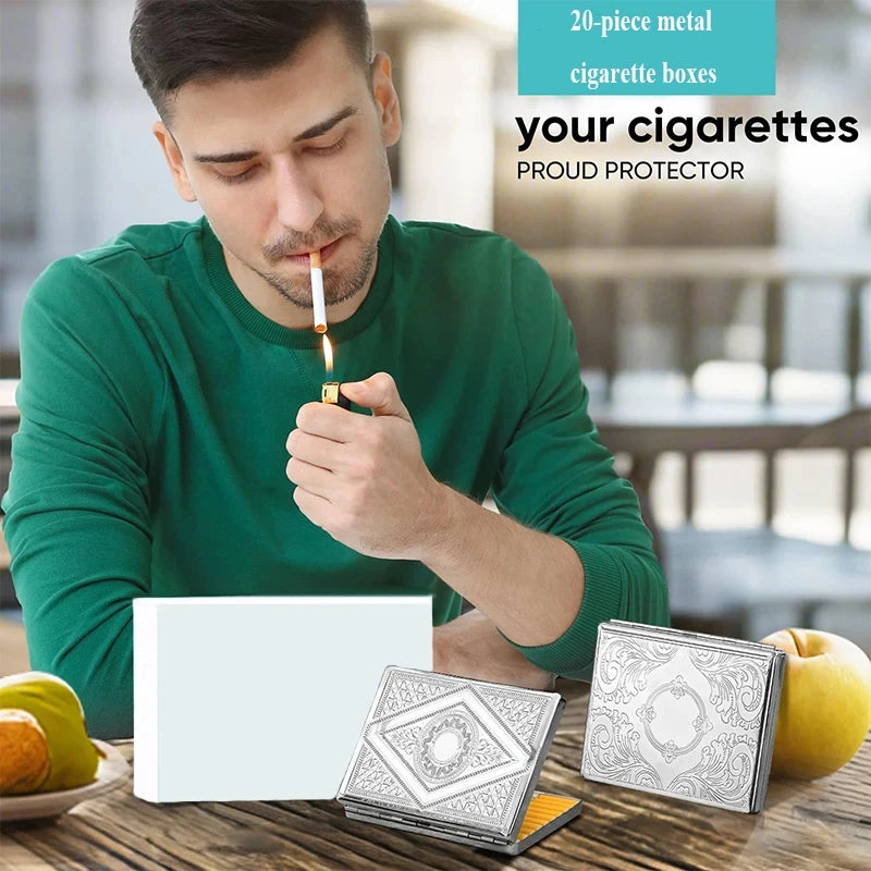 A man holds a metal cigarette box while a stack of decorative metal storage boxes is displayed on a wooden table.