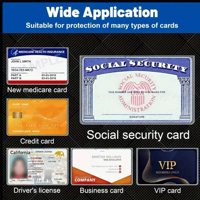 A display of various cards including a Medicare card, Social Security card, credit card, driver's license, business card, and