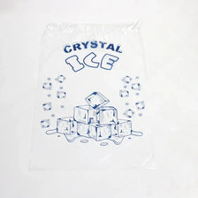 A white plastic bag filled with ice cubes, drawn with blue lines and the text CRYSTAL ICE.