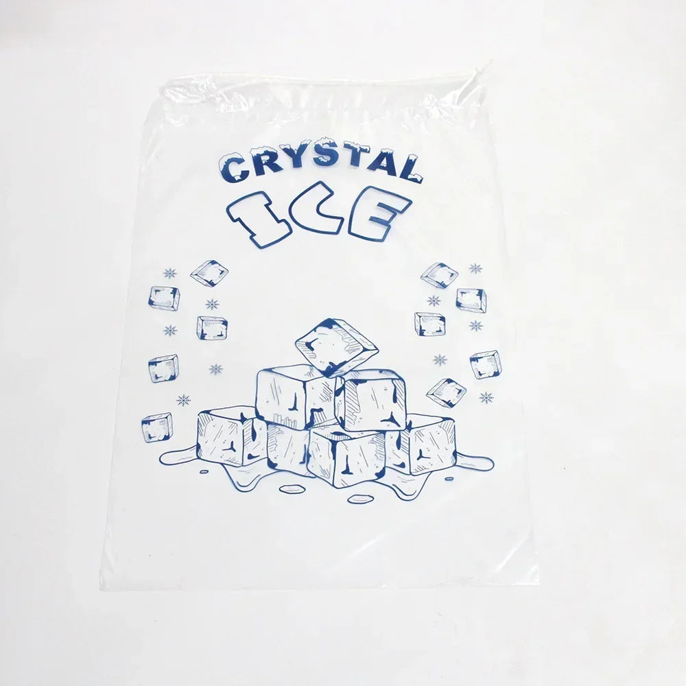 A white plastic bag filled with ice cubes, drawn with blue lines and the text CRYSTAL ICE.