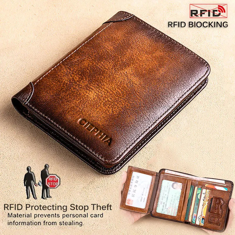 A brown leather wallet with the OLPHIA brand embossed on it, shown next to a hand demonstrating its RFID blocking protection.