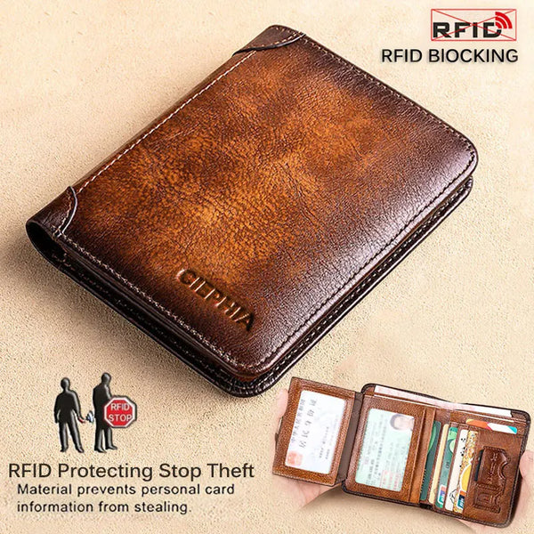 A brown leather wallet with the OLPHIA brand embossed on it, shown next to a hand demonstrating its RFID blocking protection.