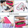 A multi-function pink and purple leather pencil case set shown in various uses and angles.