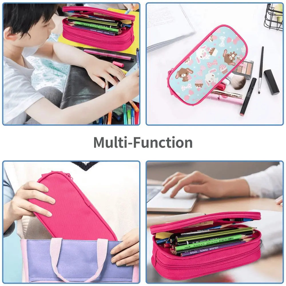 A multi-function pink and purple leather pencil case set shown in various uses and angles.
