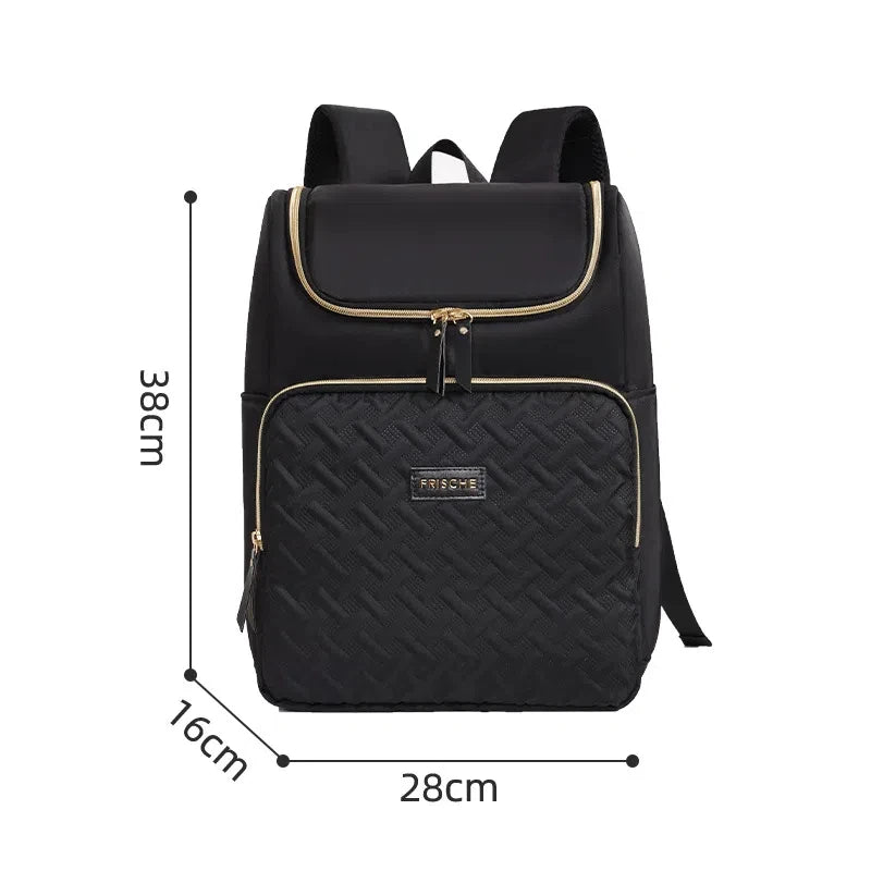Black insulated picnic cooler backpack shown with dimensions 38cm high and 28cm wide