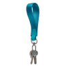 A teal nylon wrist strap keychain with a metal split key.