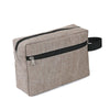 A rectangular, taupe fabric cosmetic bag with a black zipper and strap.