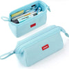 Light blue minimalist large capacity pencil case with a label holder and various pens and pencils inside