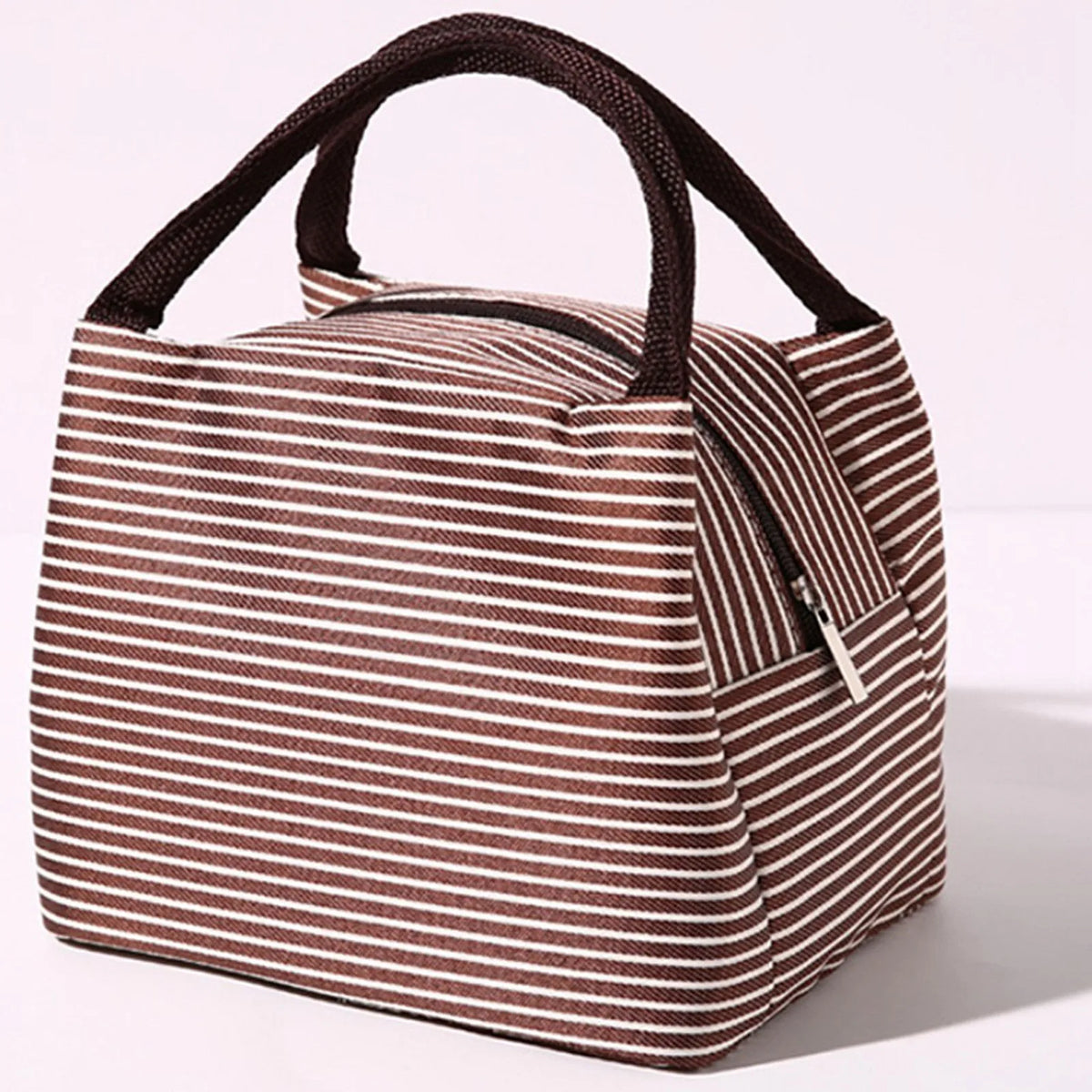 Brown and white striped insulated lunch tote bag with a black adjustable shoulder strap