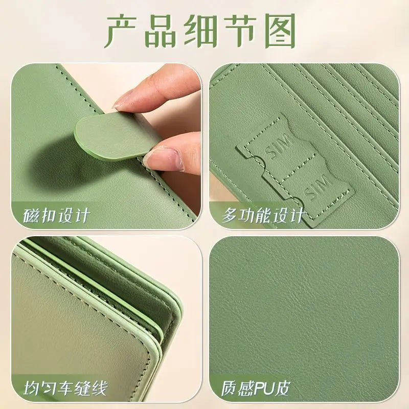 Detailed view of a green slim PU leather RFID blocking passport and ID wallet showing design features like stitching and mult