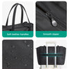 A black laptop tote bag featuring soft leather handles, a smooth zipper, water-resistant fabric, and fits 20-32 inch luggage.