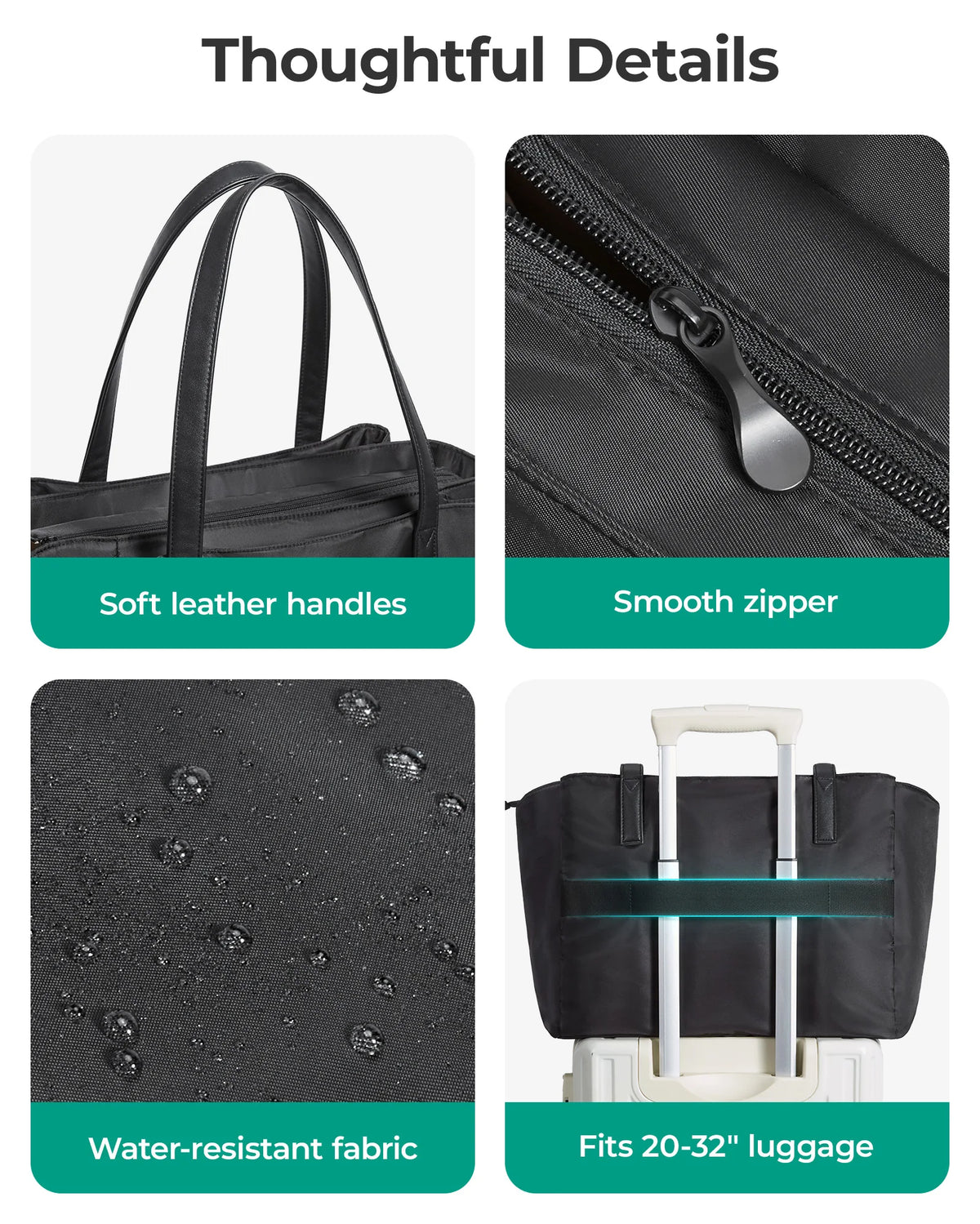 A black laptop tote bag featuring soft leather handles, a smooth zipper, water-resistant fabric, and fits 20-32 inch luggage.