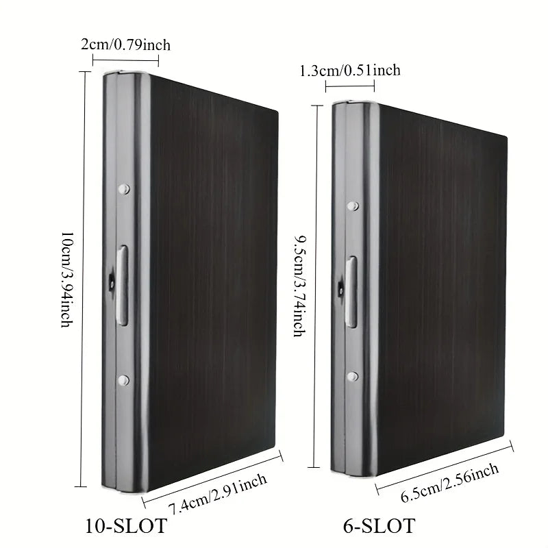 Seite-an-Seite-Vergleich einer 10-fach und einer 6-fach Metall-RFID-Kreditkarten-Wallet in schwarzem Finish.