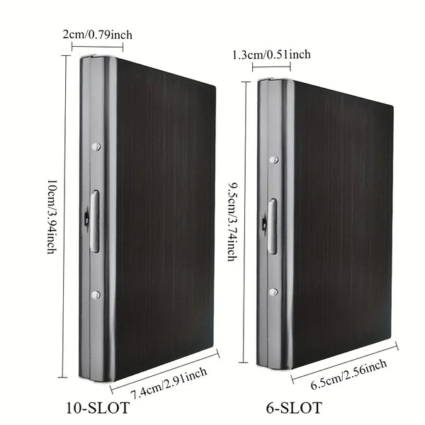 A side-by-side comparison of a 10-slot and a 6-slot metal RFID credit card wallet in black finish.
