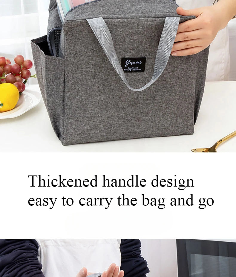 A gray insulated canvas tote bag with a thickened handle design is shown on a white surface.