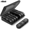 A black weekly pill organizer with 7-day compartments and a separate weekly pill dispenser.