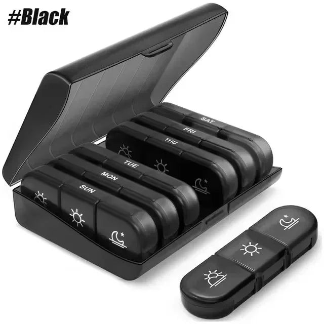 A black weekly pill organizer with 7-day compartments and a separate weekly pill dispenser.