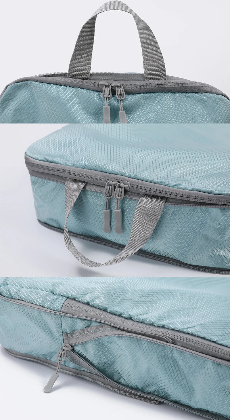 A light blue mesh travel organizer bag with gray straps and zipper, shown in multiple views.