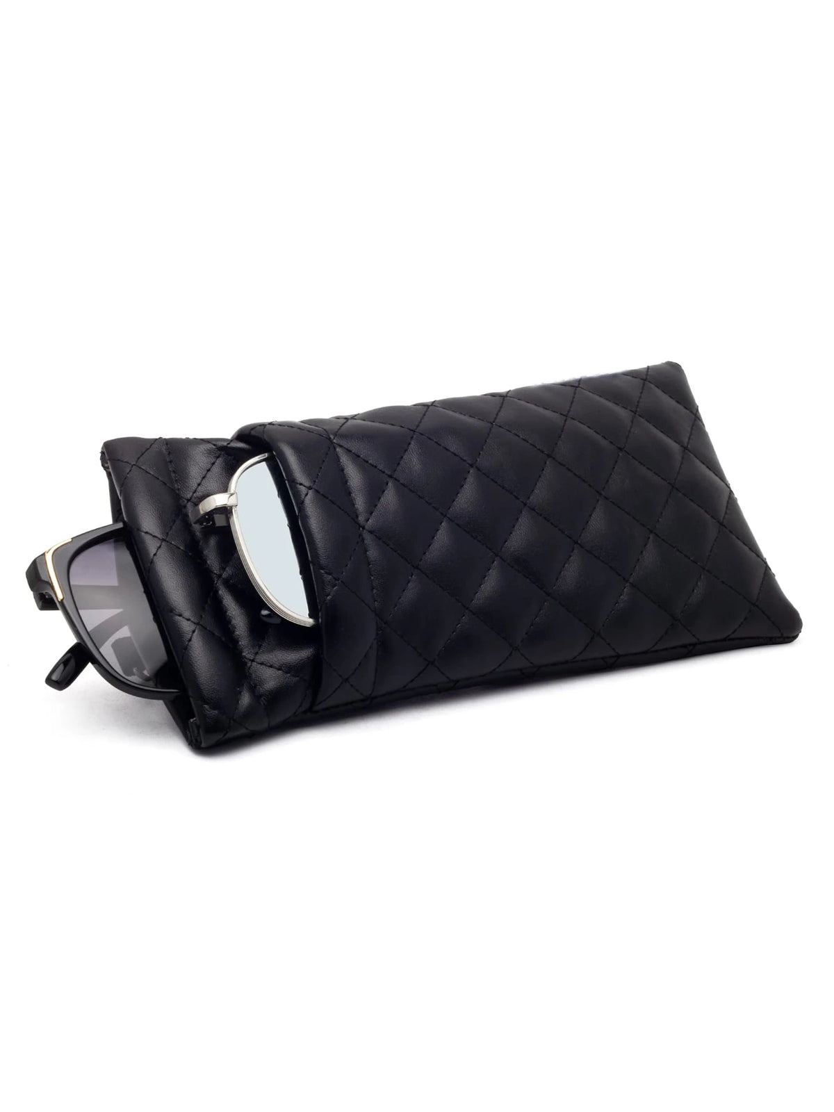 Black quilted PU leather glasses case with a silver frame and protective storage bag