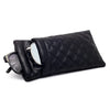 Black quilted PU leather glasses case with a silver frame and protective storage bag