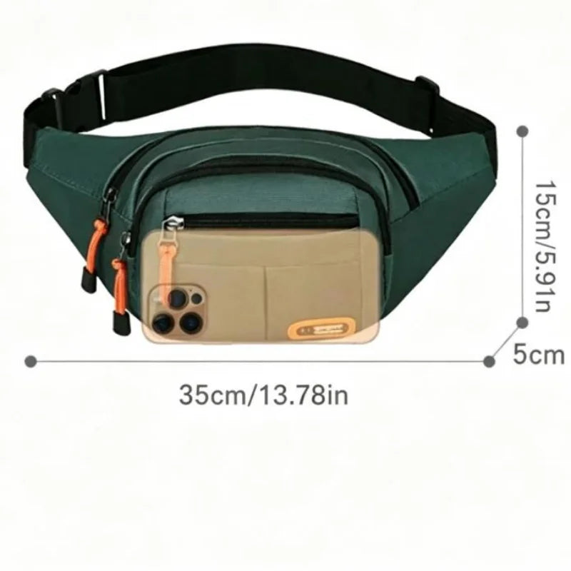 A dark green multifunctional anti-theft waist pack with a beige pocket and orange accents.