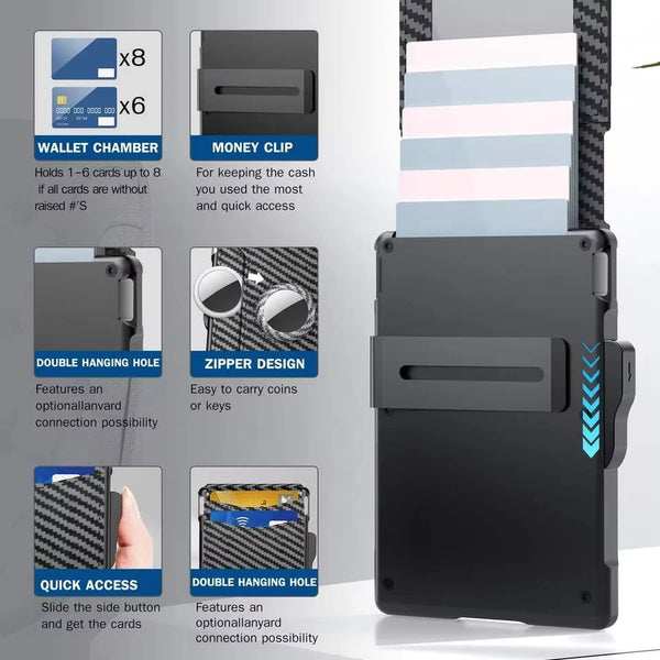 A black pop-up wallet featuring a money clip, double hanging holes, and quick access for cards.