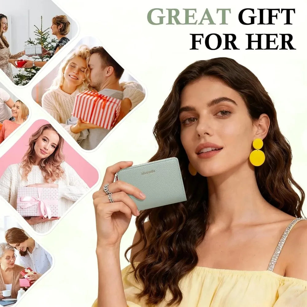 A woman holds a light green slim bifold wallet with gold accents against a white background.