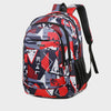 A versatile unisex backpack featuring a geometric pattern in red, black, and gray for laptop and daily carry.