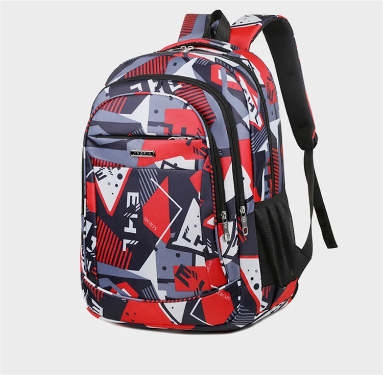 A versatile unisex backpack featuring a geometric pattern in red, black, and gray for laptop and daily carry.