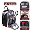 A black and gray women's fashion laptop backpack showing various internal pockets and compartments.