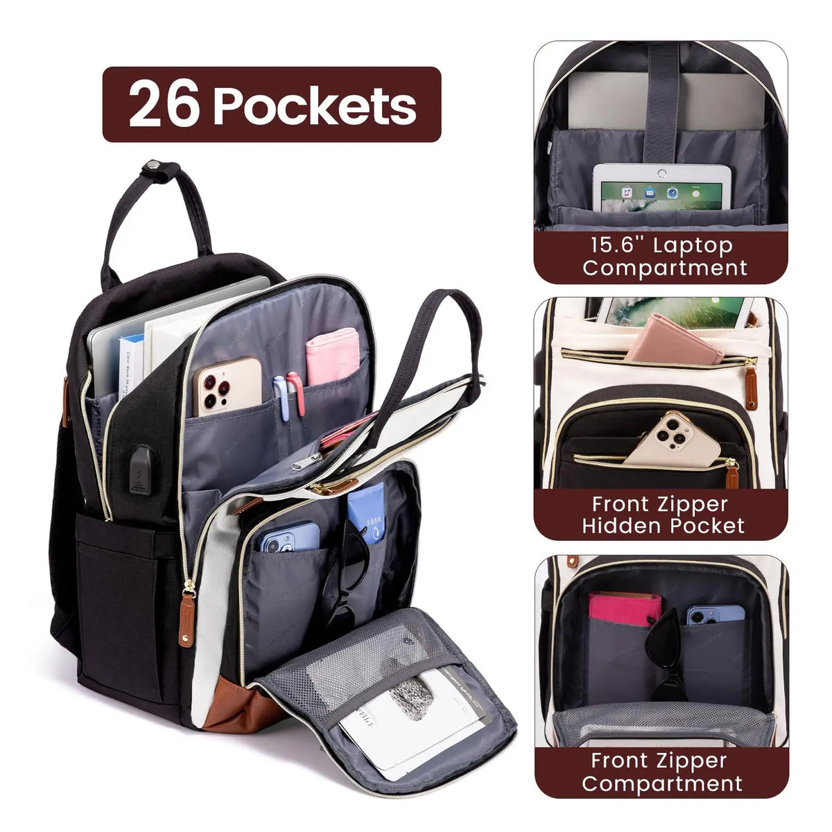 A black and gray women's fashion laptop backpack showing various internal pockets and compartments.