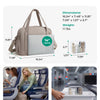 A beige expandable lightweight travel duffle bag shown with its dimensions and usage context.