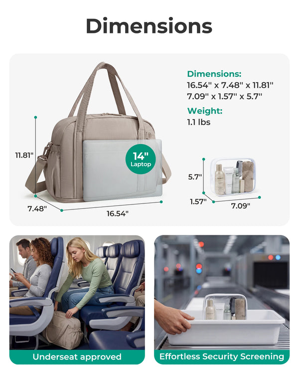 A beige expandable lightweight travel duffle bag shown with its dimensions and usage context.
