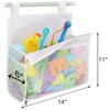 A white hanging organizer bag filled with various colorful bath toys and tools.