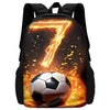 Black backpack featuring a graphic of a glowing orange number seven and a soccer ball on a fiery background