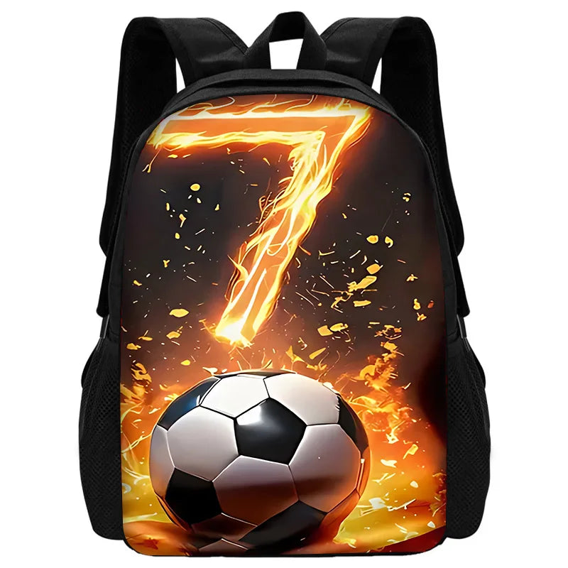 Black backpack featuring a graphic of a glowing orange number seven and a soccer ball on a fiery background