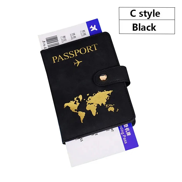 Black C style passport and ID holder cover with gold map design