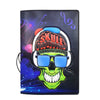 A black passport cover featuring a skull design with sunglasses and musical notes on the cover.