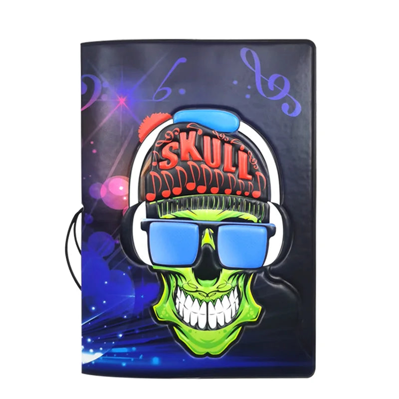 A black passport cover featuring a skull design with sunglasses and musical notes on the cover.
