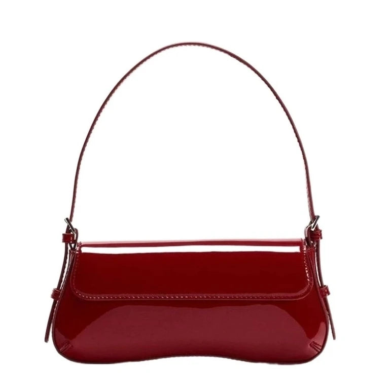 A maroon PU leather shoulder bag with an adjustable strap shown against a white background.