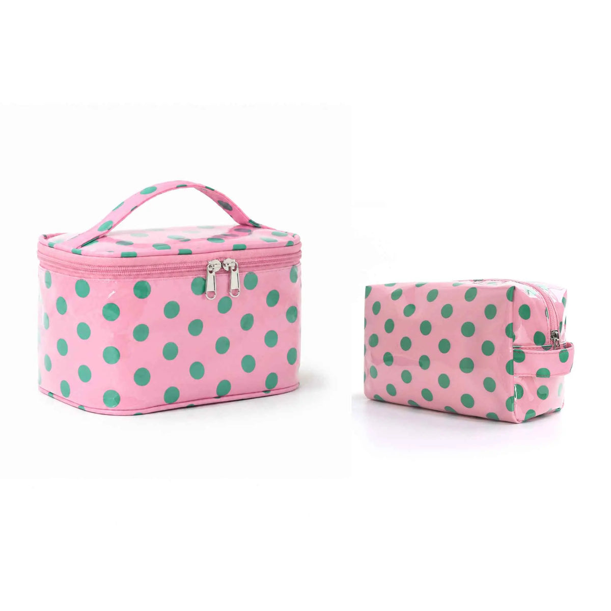 Bolsa de almacenamiento cosmético rosa con lunares verdes y tapa bisagra.