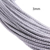 Close-up of a silver braided leather cord, 3mm in diameter.